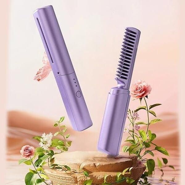 Rechargeable cordless hot comb hair straightener with ceramic coating, anti-scald design, and Android charging interface – lightweight wireless styling brush