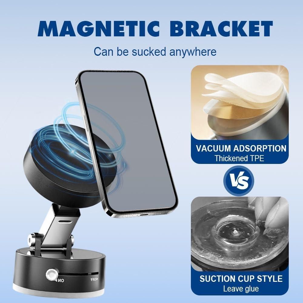 Magnetic phone holder with strong vacuum base and rotatable head holding smartphone in vertical position