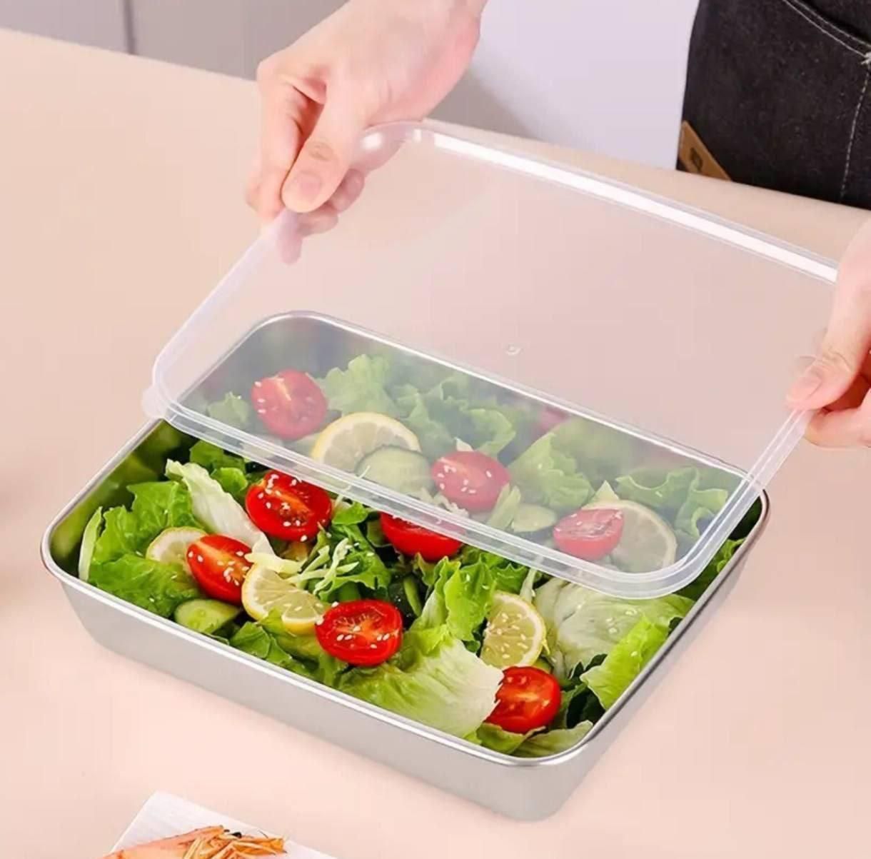 Non Stick Baking & Food Storage Pan with Lid – Stainless Steel Tray (Pack of 2, Silver)