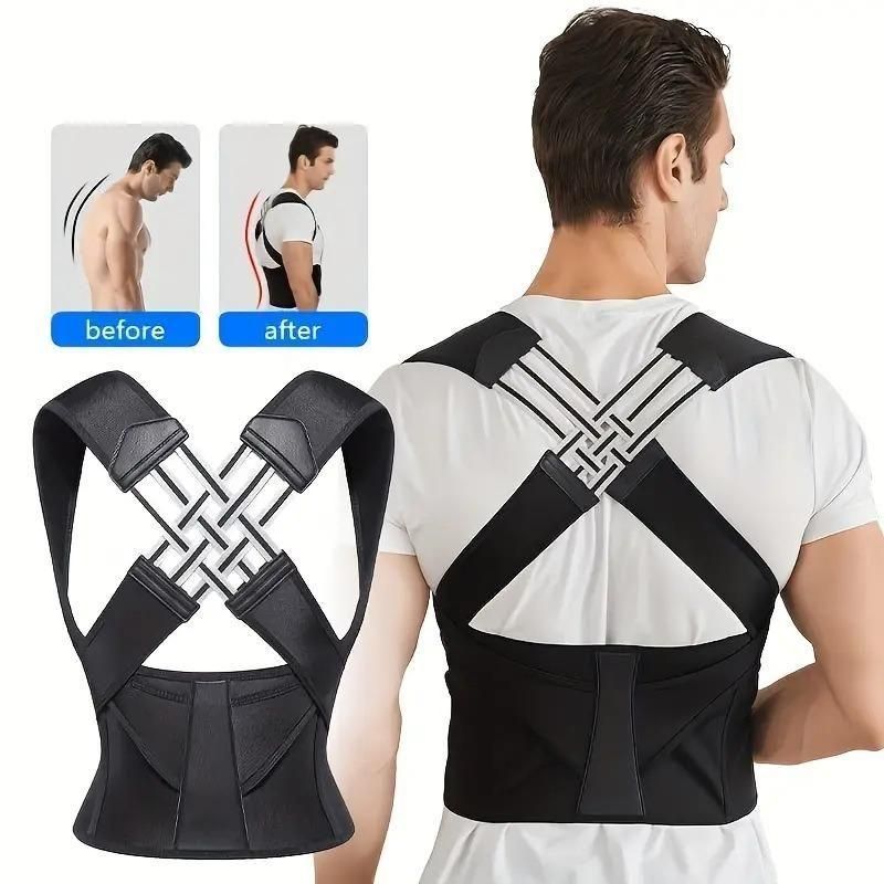 Unisex adjustable back posture corrector belt worn by man and woman – ergonomic support brace for back, shoulder, and spine alignment