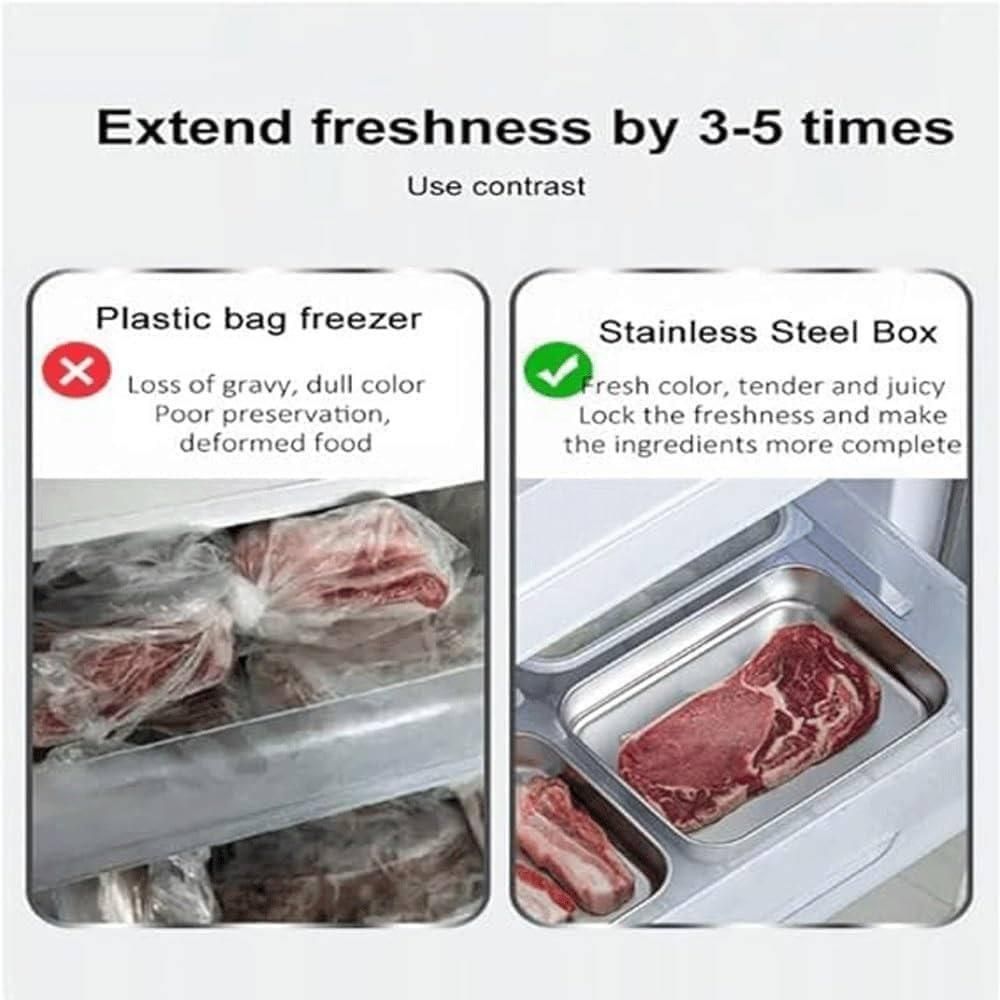 Comparison of using a plastic bag freezer versus a stainless steel box to extend the freshness of meat.