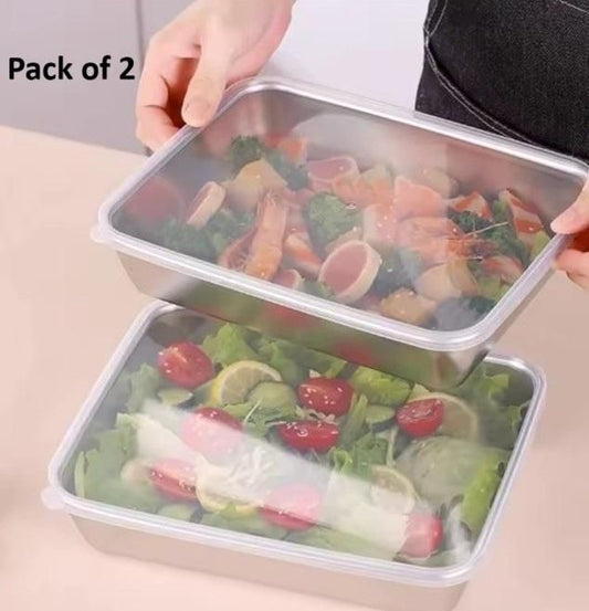 Stainless steel baking and food storage trays with lid – pack of 2 in silver