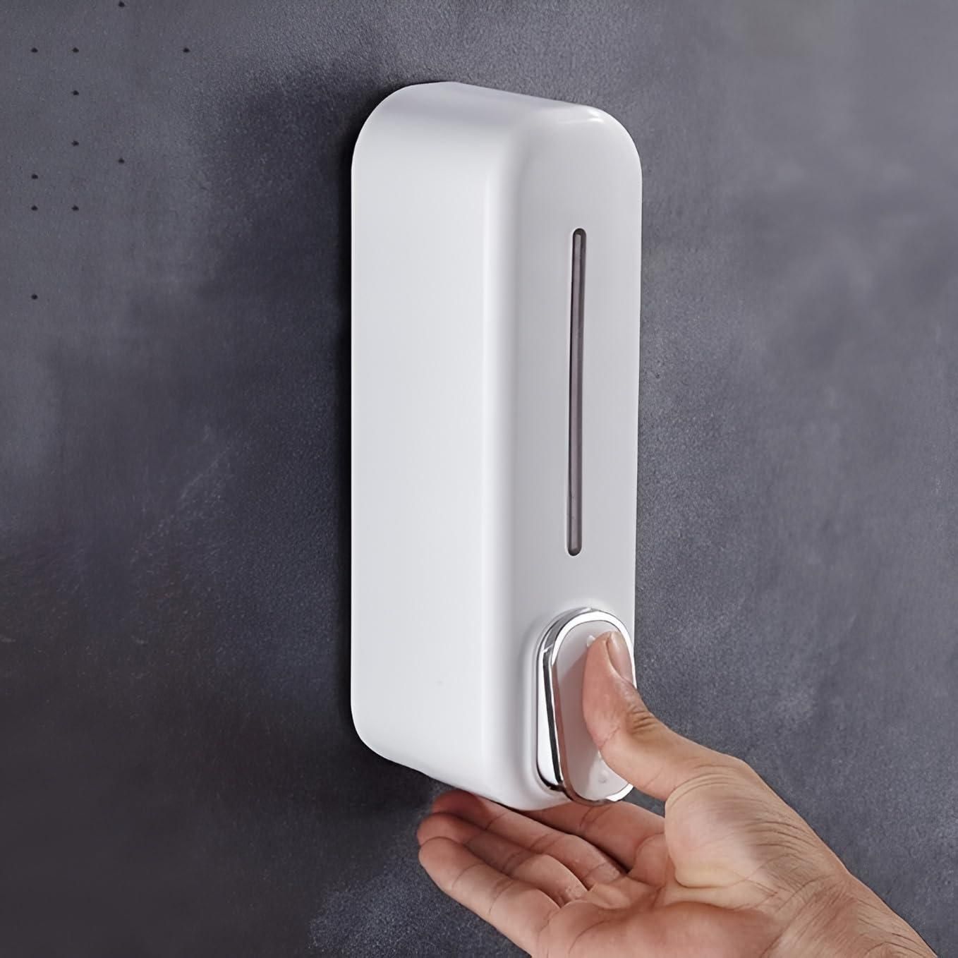 Easy-to-install wall-mounted soap dispenser with adhesive and screw options