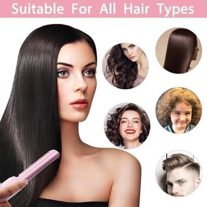 Wireless hair straightening brush being used on frizzy or curly hair for quick smoothing